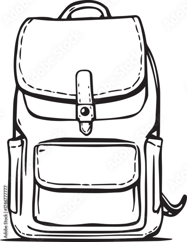 Backpack illustration — black and white stylized school bag with flap cover, front pocket, side compartments, and stitching detail