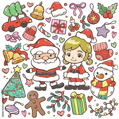 Cute cartoon ornaments related to Christmas. Christmas characters, Santa Claus, Santa girl, gift, Snowman, mistletoe and more. ideas for icons, labels, or digital decoration.