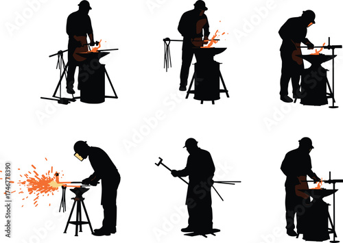 Blacksmith working silhouette collection, metal forging worker vector illustration, craftsman making tools, sparks flying, industrial labor art isolated on white background