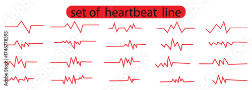 heart rhythm set, Electrocardiogram. Red heart beat line displays rhythm of life on white backdrop. medical pulse, ECG, EKG design, healthcare. Red heart with white heartbeat line graphic design. 
