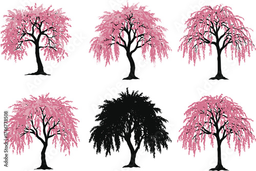 Pink cherry blossom tree collection, spring floral nature illustration, black and pink sakura vector design, blooming landscape art set, isolated elements on white background