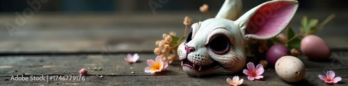 Creepy Decaying Easter Bunny Mask Rustic Gothic Halloween Decor with Pastel Eggs and Dried Flowers