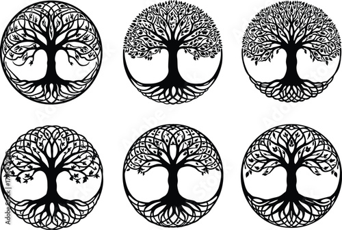 Tree of life silhouette collection, sacred geometry design, black circular nature symbol vector set, spiritual growth and balance illustration on white background