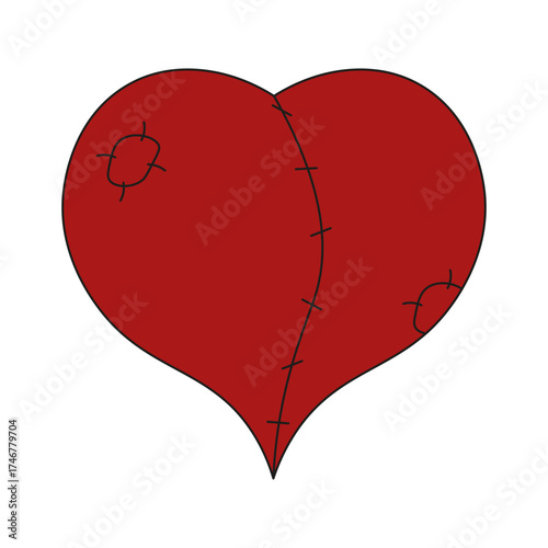 Vector illustration of red heart with a surgical stitch and patches isolated transparent background. Perfect Halloween art tattoo template design. Love pain. EPS 10