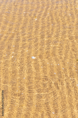 Fototapeta Naklejka Na Ścianę i Meble -  Intricate sand ripples visible beneath clear, shallow water with gentle waves, at the serene coast of the Baltic Sea, creating natural abstract patterns