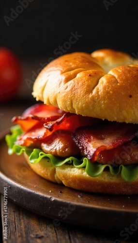 A crispy bacon sandwich, bursting with flavor, served on a toasted crusty roll Perfect for breakfast, brunch, or a quick lunch , simple, texture, pig