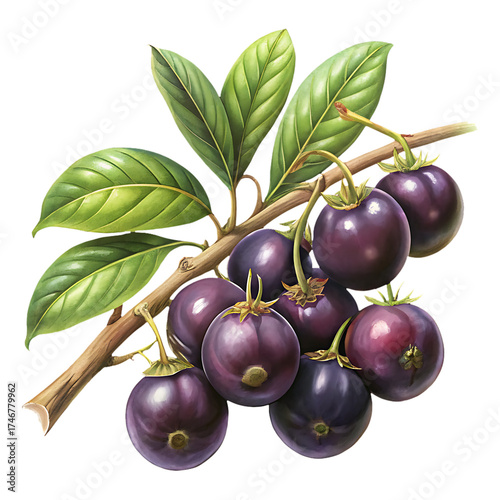 Luscious cluster of Jaboticaba fruits artfully presented on a branch with leaves