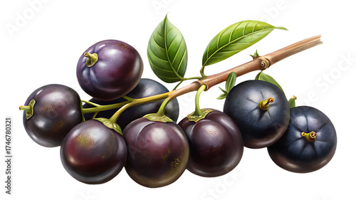A beautifully detailed illustration of a branch with ripened jaboticaba fruits