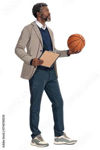 Professional African-American Basketball Coach with Ball and Clipboard
Confident Male Coach or Trainer Standing in Studio Full-Body Portrait
Focused Sports Mentor or Leader with a Clipboard 