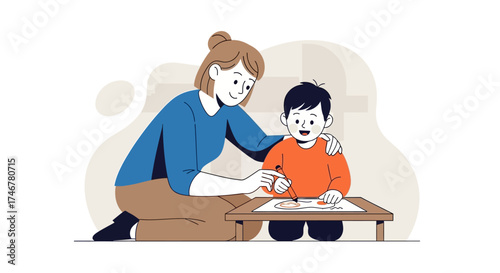 A mother assisting her young child with a drawing activity at a small table.