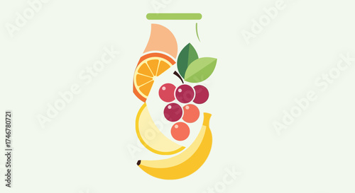 A stylized illustration showcasing various fruits arranged inside a glass bottle.
