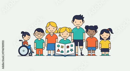 Diverse group of children stand together, one in a wheelchair, another with a prosthetic leg, reading from a book.