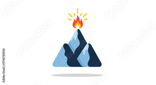 A stylized illustration depicts a mountain range with a fiery flame atop the highest peak.