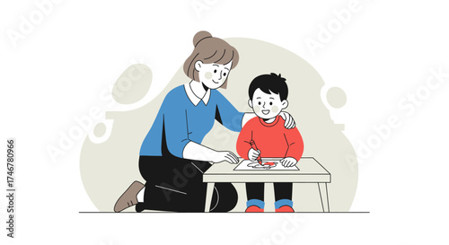 A woman kneels beside a young boy as he draws at a small table, offering support and guidance.