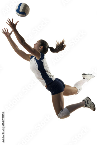 Dynamic Female Volleyball Player Diving for a Ball Save
Full-Body Shot of Woman Athlete in Mid-Air During Volleyball Action
Professional Volleyball Player Making a Defensive Dig or Bump
