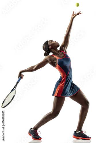 Dynamic African American Female Tennis Player Serving Ball
Professional Woman Athlete in Full-Body Action During Tennis Serve
Focused Black Woman Tossing Ball for a Powerful Tennis Serve