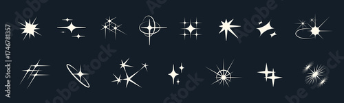 Twinkling star symbols with glitter and magic shine. Flat retro Y2K icons glowing with brilliance and simplicity. Perfect for logos, highlights, or celestial design.