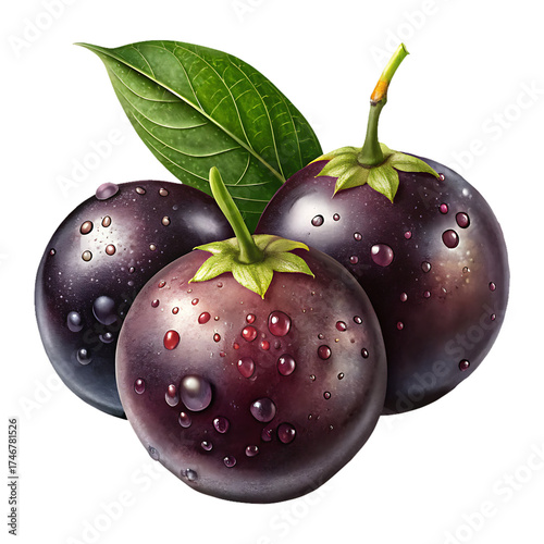 Beautiful illustration of Jabuticaba fruits with a green leaf and water droplets