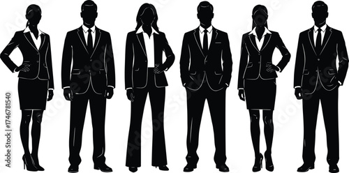 Business team silhouette, professional group illustration, corporate diversity, formal attire vector, office people graphic, black and white business concept