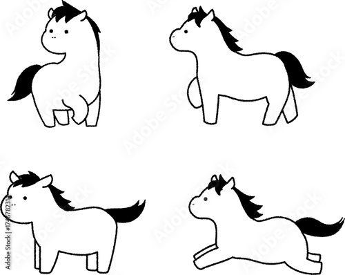 かわいい馬のイラストセット　白黒