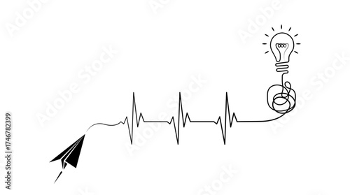 Editable lines heart rhythm illustration with lightbulb, heartbeat line vector design to use for healthcare, business idea, healthy lifestyle, medicine and ekg concept illustration projects. 