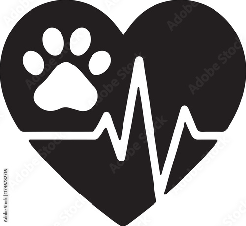 Heart silhouette containing paw print and heartbeat line symbolizing pet health and love.