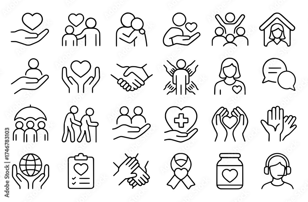 Fototapeta premium Icon pack, icon sheet, Social care theme, outline version, vector SVG, transparent PNG