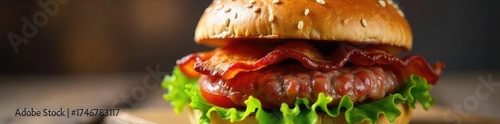 A delicious crispy bacon sandwich on a toasted sesame seed bun, with lettuce and tomato adding freshness , savory, meal
