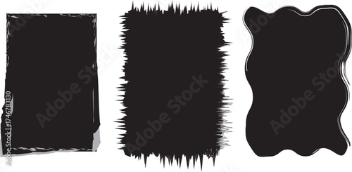Set of Abstract Black Grunge Background Shapes with Distressed, Textured, and Liquid Wavy Borders for Design