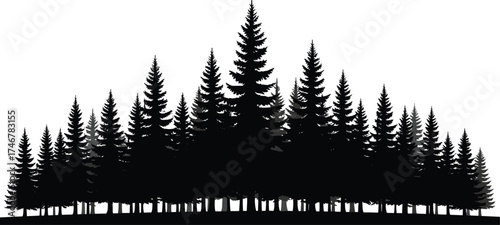 Stylized coniferous forest silhouette, pine tree group, black vector landscape, nature illustration, shaded evergreen design, symmetrical tree cluster artwork