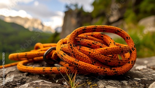 Orange climbing rope on a rock face