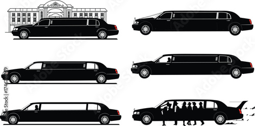 Luxury limousine vector silhouettes set with chauffeur, passengers, stretched cars, event arrivals, hotel scenes, elegant transport icons for stock illustration