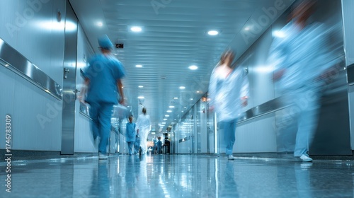 Blurred motion of medical professionals in a hospital corridor, capturing the dynamic atmosphere of healthcare.