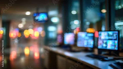 Wallpaper Mural Blurry view of multiple computer monitors in a modern workspace with soft lighting and vibrant bokeh background. Torontodigital.ca