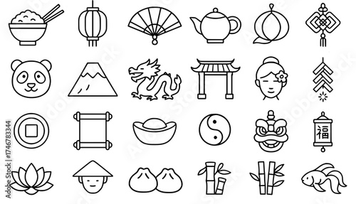 Icon pack, icon sheet, Chinese theme, outline version, vector SVG, transparent PNG