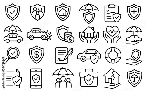 Icon pack, icon sheet, Insurance theme, outline version, vector SVG, transparent PNG