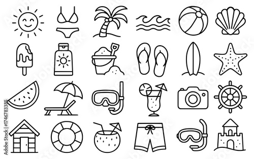 Icon pack, icon sheet, Beach theme, outline version, vector SVG, transparent PNG