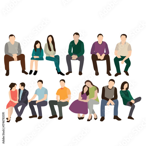people, group, sitting, men, women, children, couples, casual, diverse, collection, figures, isolated, white background, family, friends, community, waiting, relaxed, social, individuals, variety, clo