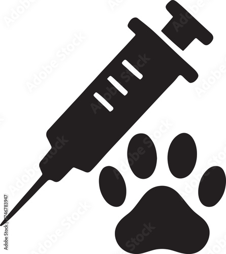 Pet vaccination icon silhouette with needle and paw symbol for veterinary health care.
