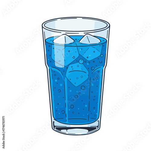 Blue soda with ice cubes in a tall glass on a white background for summer events and beverage advertisements  