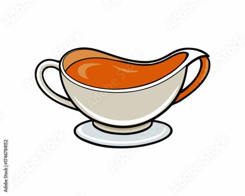 Gravy boat with sauce, Thanksgiving table decoration vector isolated on white background