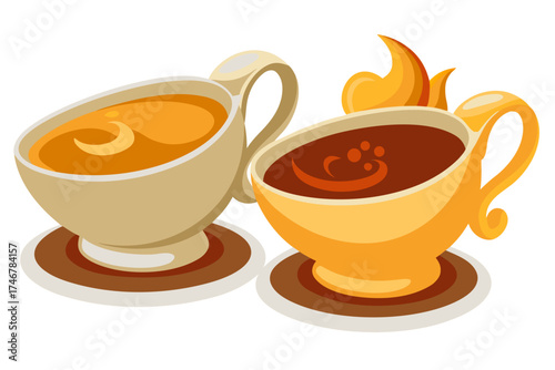 Gravy boat with sauce, Thanksgiving table decoration vector isolated on white background