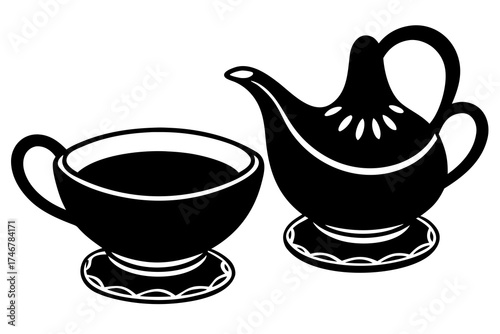 Gravy boat with sauce, Thanksgiving table decoration silhouette vector illustration