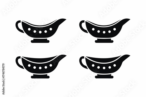 set of Gravy boat with sauce icon, Thanksgiving table decoration silhouette vector illustration