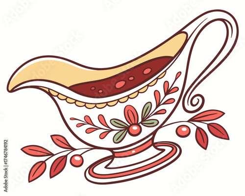 Gravy boat with sauce, Thanksgiving table decoration silhouette vector illustration