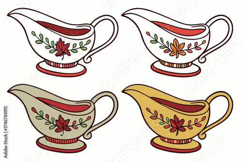 set of Gravy boat with sauce, Thanksgiving table decoration silhouette vector illustration