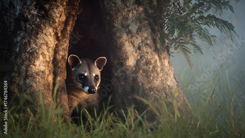 A civet hides between massive tree roots, observing the forest surroundings under golden light.