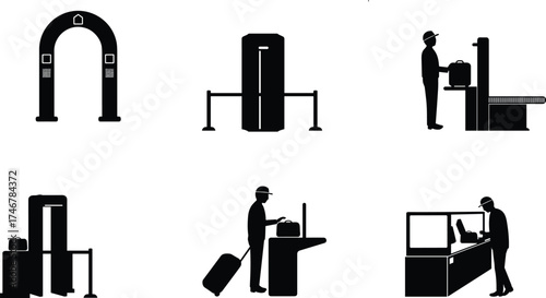 Airport security and check-in process vector icons set including scanner, luggage screening, kiosk, counter service, passenger travel safety illustration"