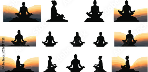 Meditation yoga silhouettes in seated lotus pose with sunrise and sunset backgrounds, mindfulness practice, wellness lifestyle, spiritual balance vector illustration