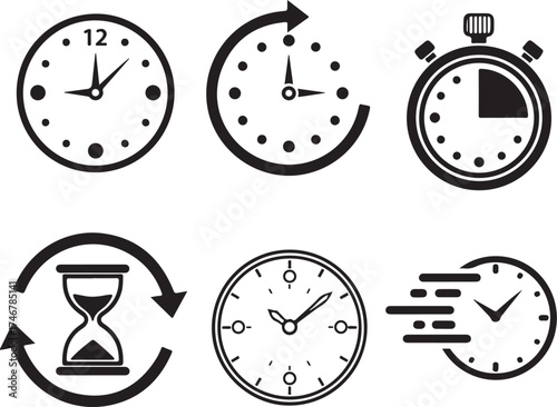 Clock and timer icons collection stopwatch, wristwatch, countdown timer, progress loading bars, fast speed clock symbols and time management line icons vector illustration.